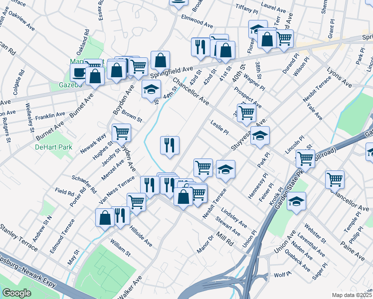 map of restaurants, bars, coffee shops, grocery stores, and more near 210 40th Street in Irvington