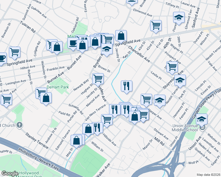 map of restaurants, bars, coffee shops, grocery stores, and more near 13 Nelson Place in Maplewood