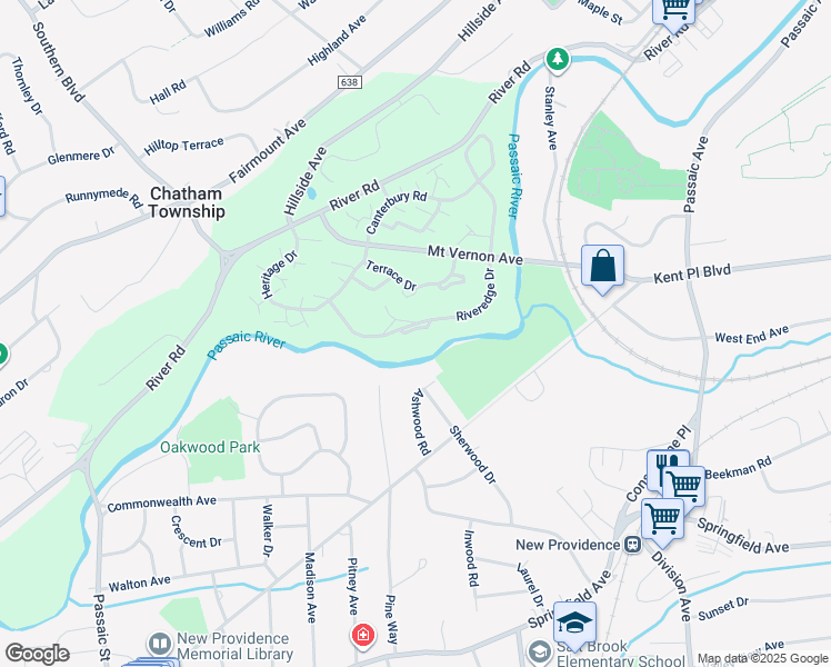 map of restaurants, bars, coffee shops, grocery stores, and more near 291 Riveredge Drive in Chatham Township