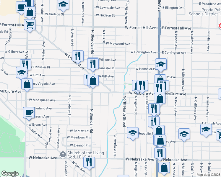 map of restaurants, bars, coffee shops, grocery stores, and more near 428 West McClure Avenue in Peoria