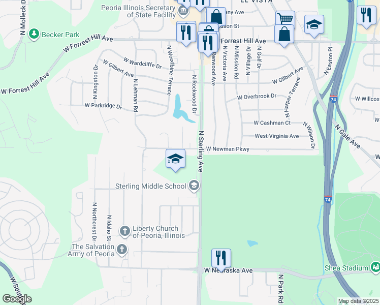 map of restaurants, bars, coffee shops, grocery stores, and more near 2315-2425 North Sterling Avenue in Peoria