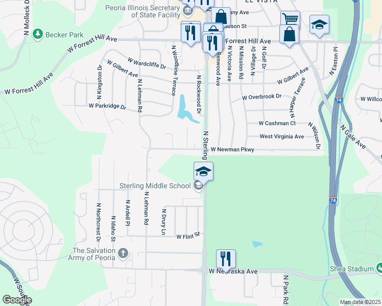 map of restaurants, bars, coffee shops, grocery stores, and more near 2522 West Newman Parkway in Peoria