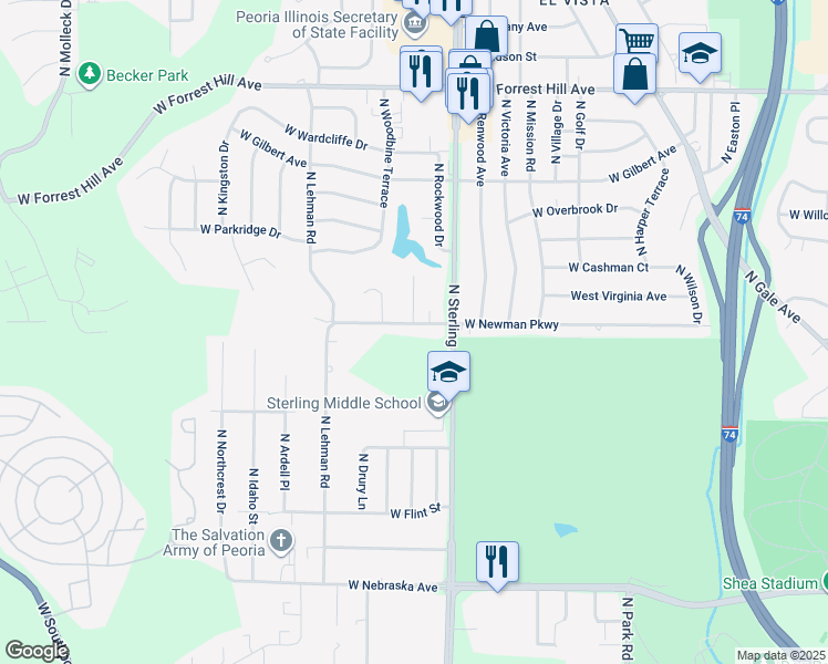 map of restaurants, bars, coffee shops, grocery stores, and more near 2522 West Newman Parkway in Peoria