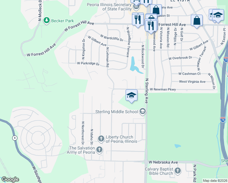 map of restaurants, bars, coffee shops, grocery stores, and more near 2412 North Lehman Road in Peoria