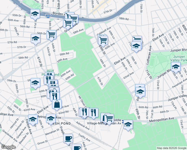 map of restaurants, bars, coffee shops, grocery stores, and more near 61-08 67th Street in Queens