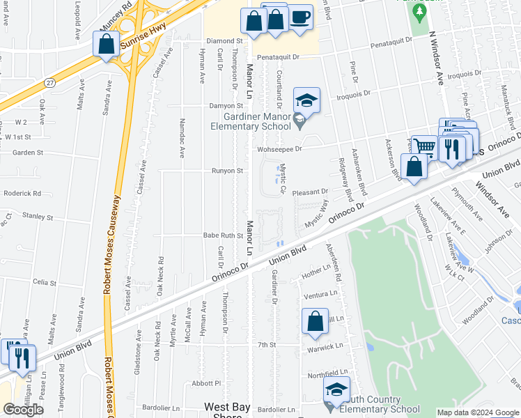 map of restaurants, bars, coffee shops, grocery stores, and more near 24 Virginia Pine Lane in Bay Shore