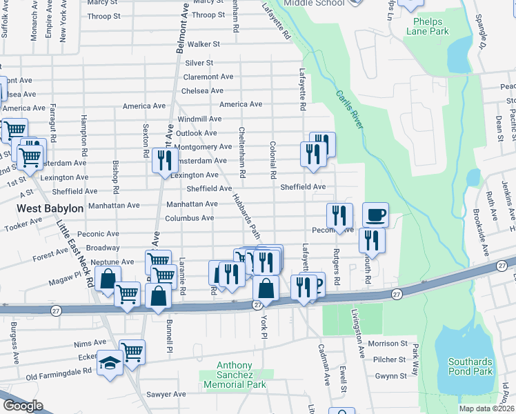 map of restaurants, bars, coffee shops, grocery stores, and more near 300 Columbus Avenue in West Babylon