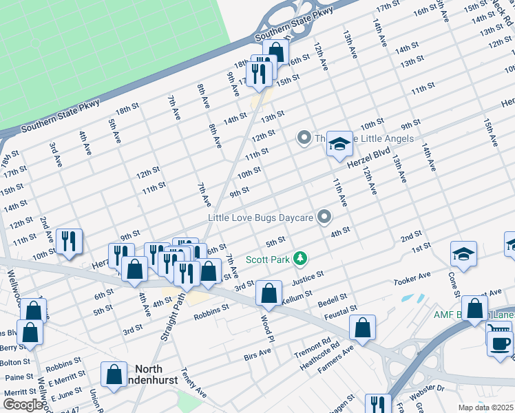 map of restaurants, bars, coffee shops, grocery stores, and more near 815 7th Street in West Babylon