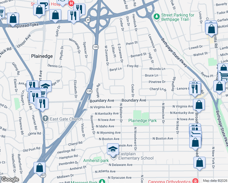 map of restaurants, bars, coffee shops, grocery stores, and more near 339 Boundary Avenue in Bethpage