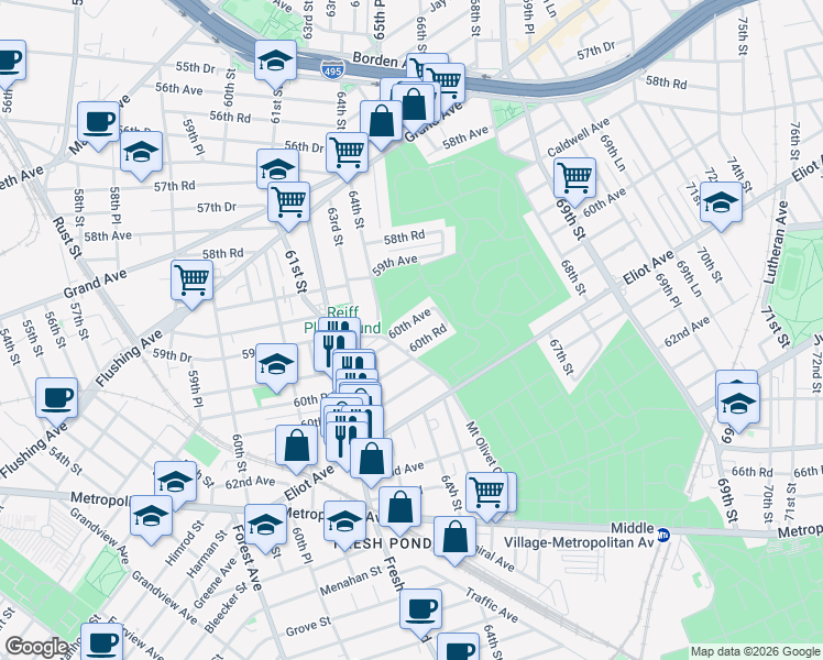 map of restaurants, bars, coffee shops, grocery stores, and more near 64-04 60th Road in Queens