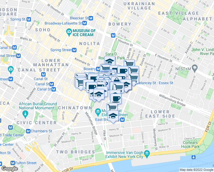 map of restaurants, bars, coffee shops, grocery stores, and more near 111 Eldridge Street in New York