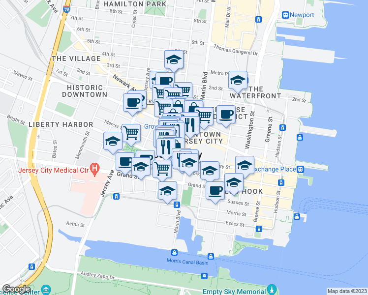 map of restaurants, bars, coffee shops, grocery stores, and more near in Jersey City
