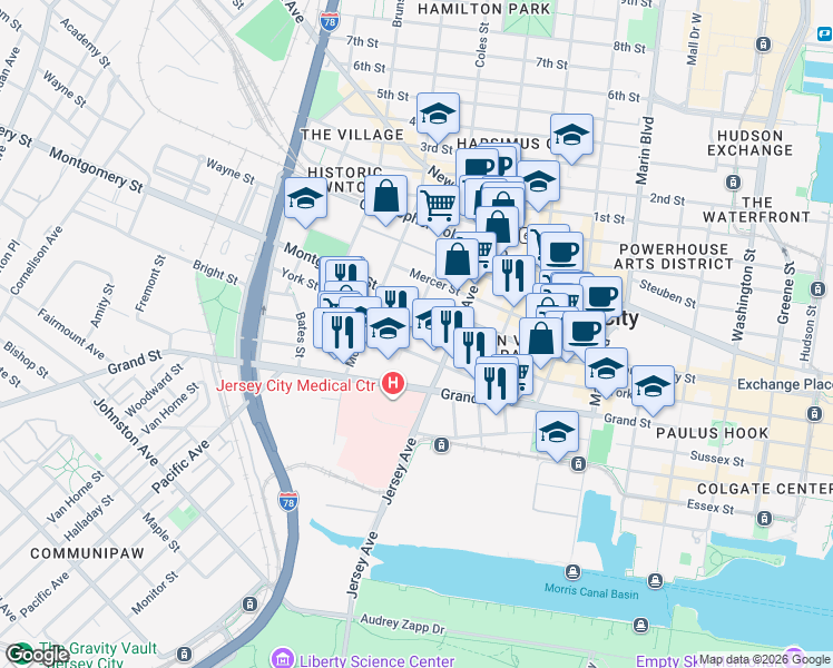 map of restaurants, bars, coffee shops, grocery stores, and more near 441 Jersey Avenue in Jersey City
