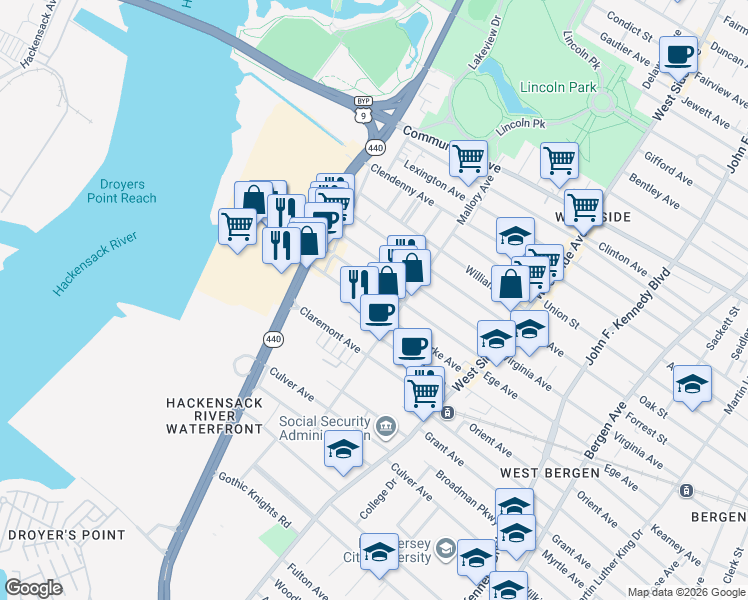 map of restaurants, bars, coffee shops, grocery stores, and more near 96 Yale Avenue in Jersey City