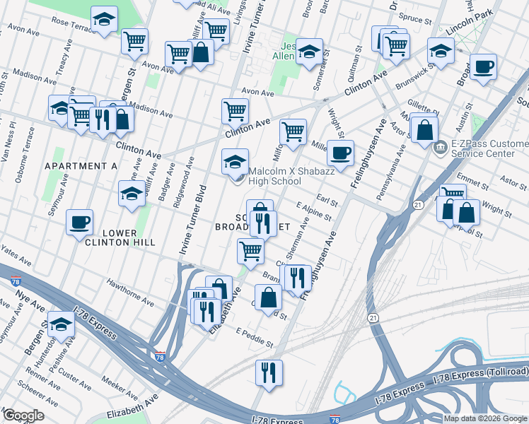 map of restaurants, bars, coffee shops, grocery stores, and more near 148 Milford Avenue in Newark