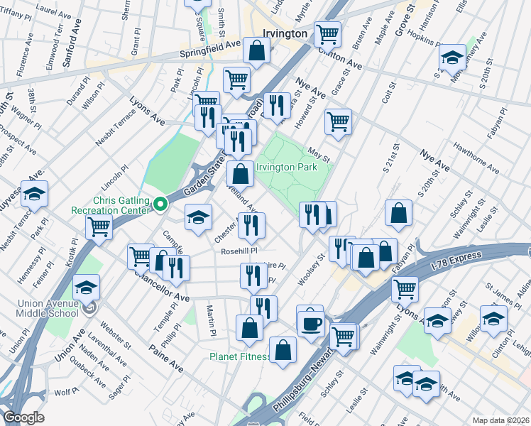 map of restaurants, bars, coffee shops, grocery stores, and more near 61-67 Welland Avenue in Irvington
