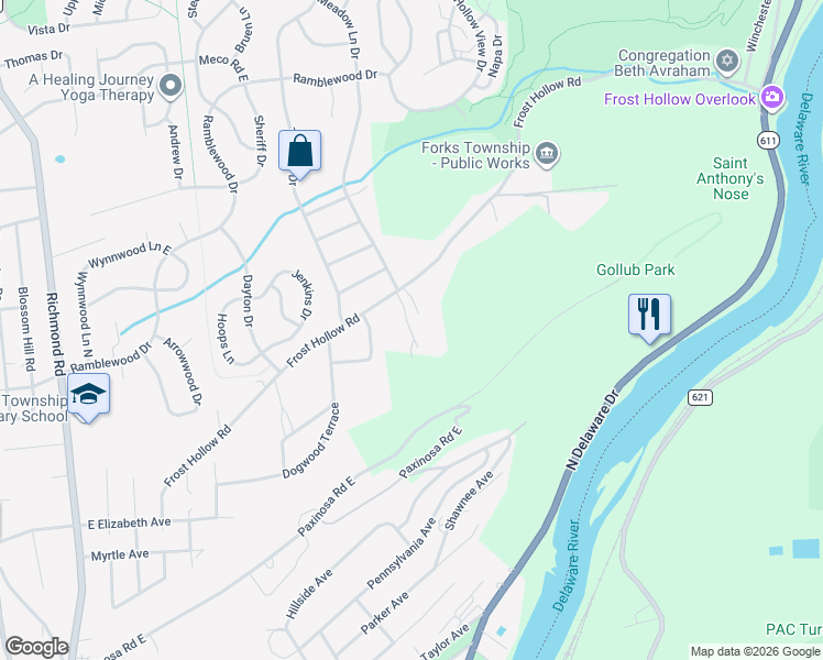 map of restaurants, bars, coffee shops, grocery stores, and more near 723 Frost Hollow Road in Easton