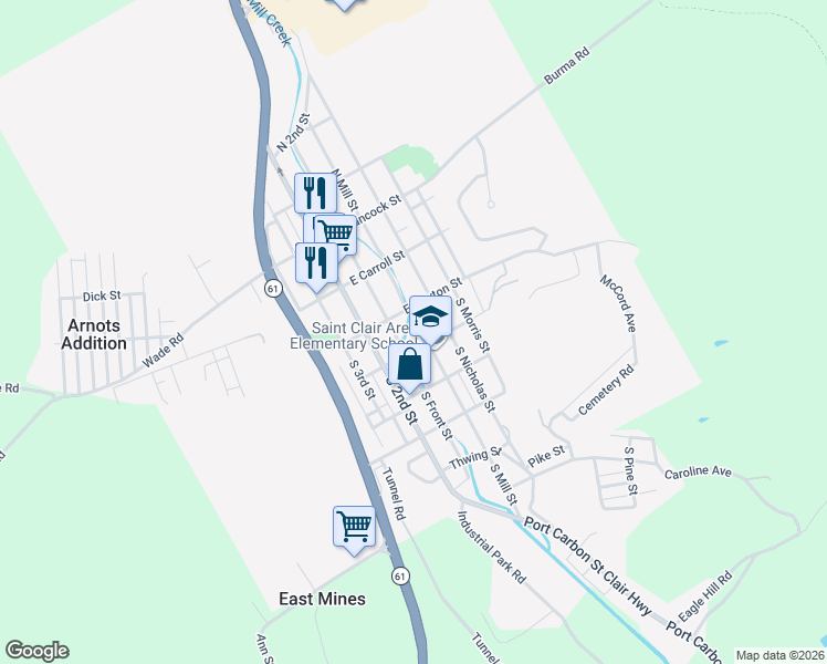 map of restaurants, bars, coffee shops, grocery stores, and more near 15 East Railroad Street in Saint Clair