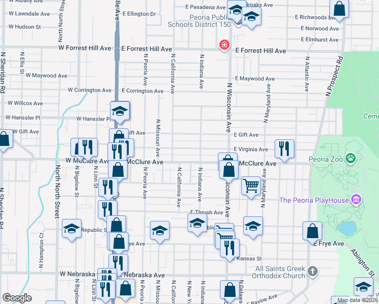 map of restaurants, bars, coffee shops, grocery stores, and more near 506 E McClure Ave in Peoria