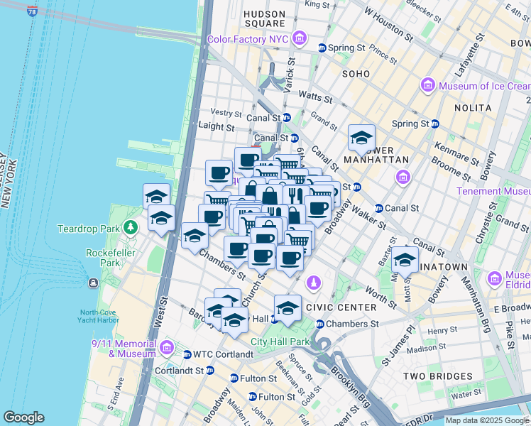 map of restaurants, bars, coffee shops, grocery stores, and more near 180 West Broadway in New York