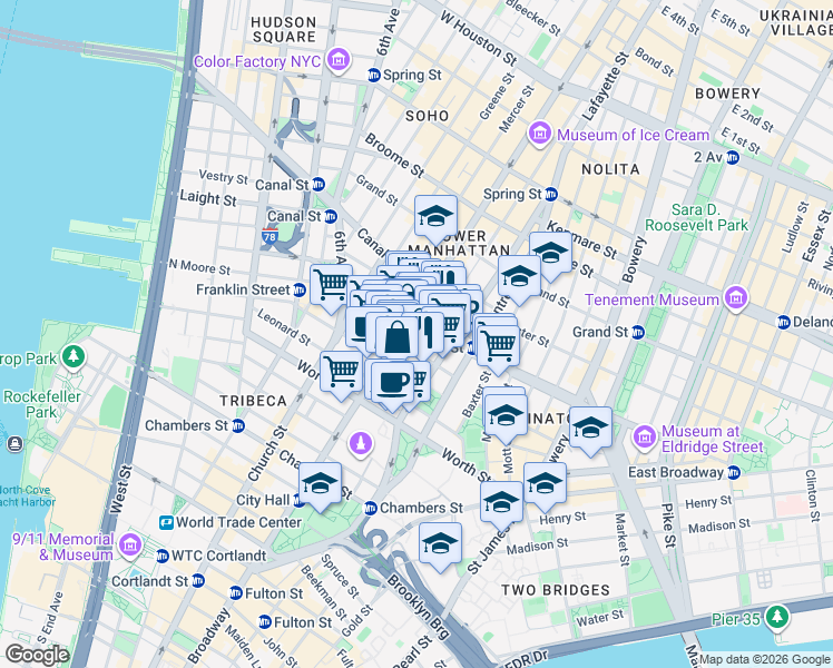 map of restaurants, bars, coffee shops, grocery stores, and more near 392 Broadway in New York