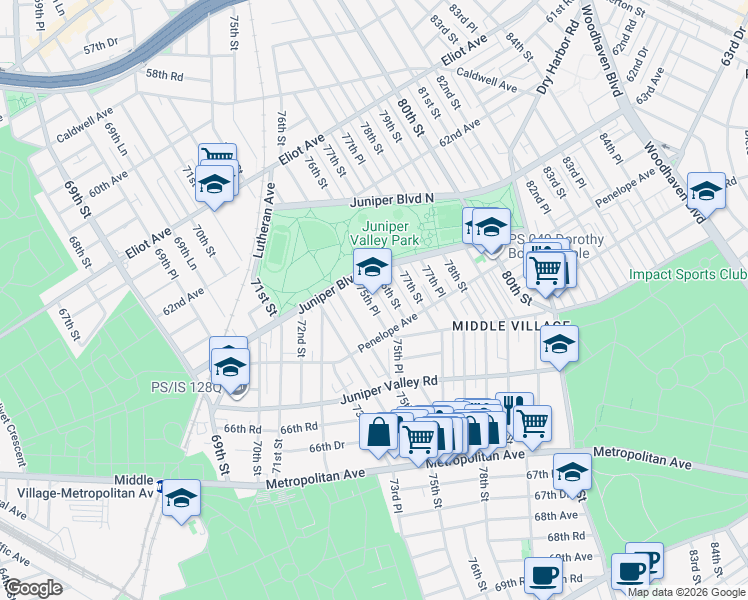 map of restaurants, bars, coffee shops, grocery stores, and more near in Queens