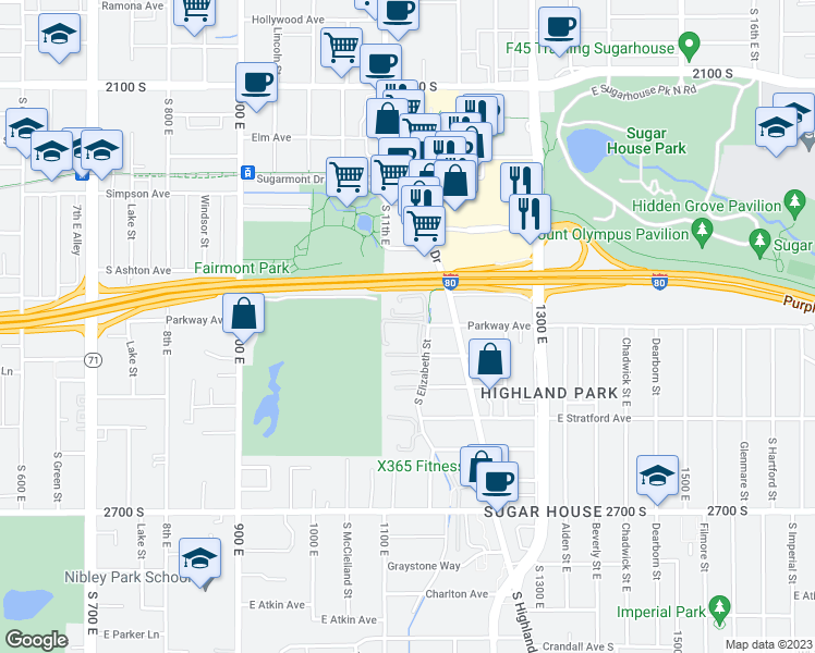 map of restaurants, bars, coffee shops, grocery stores, and more near 2402 South Elizabeth Street in Salt Lake City