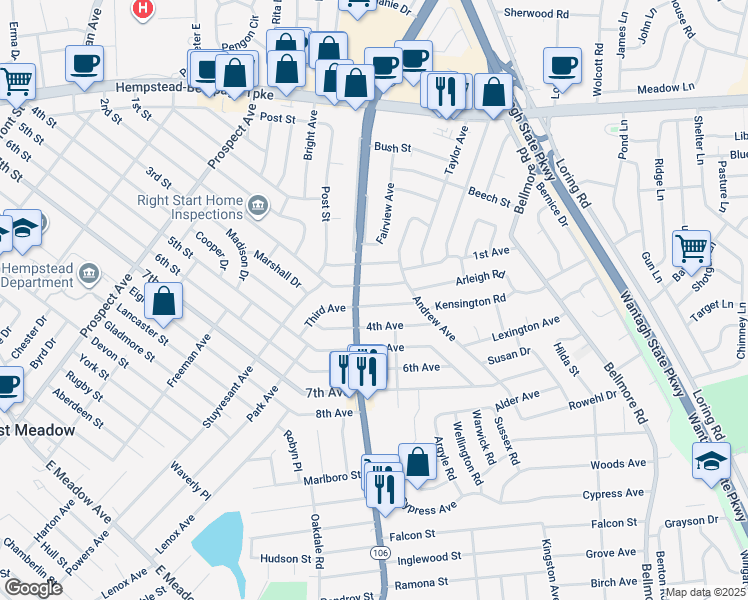 map of restaurants, bars, coffee shops, grocery stores, and more near 2503 4th Avenue in East Meadow