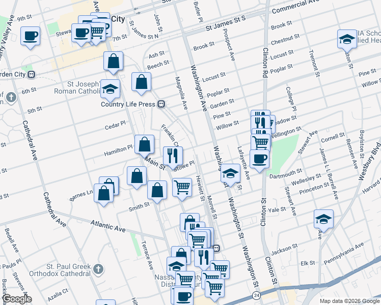 map of restaurants, bars, coffee shops, grocery stores, and more near 29 Stowe Place in Hempstead