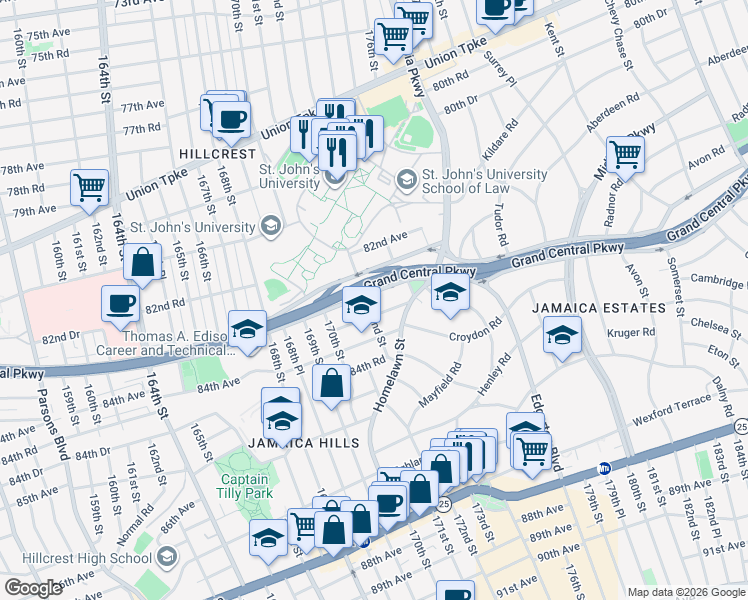 map of restaurants, bars, coffee shops, grocery stores, and more near 170-35 83rd Avenue in Queens