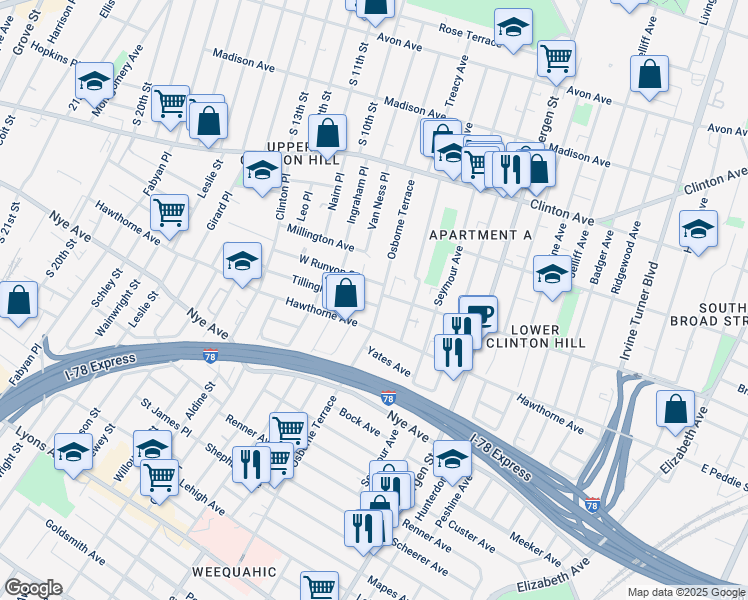 map of restaurants, bars, coffee shops, grocery stores, and more near 125 Osborne Terrace in Newark