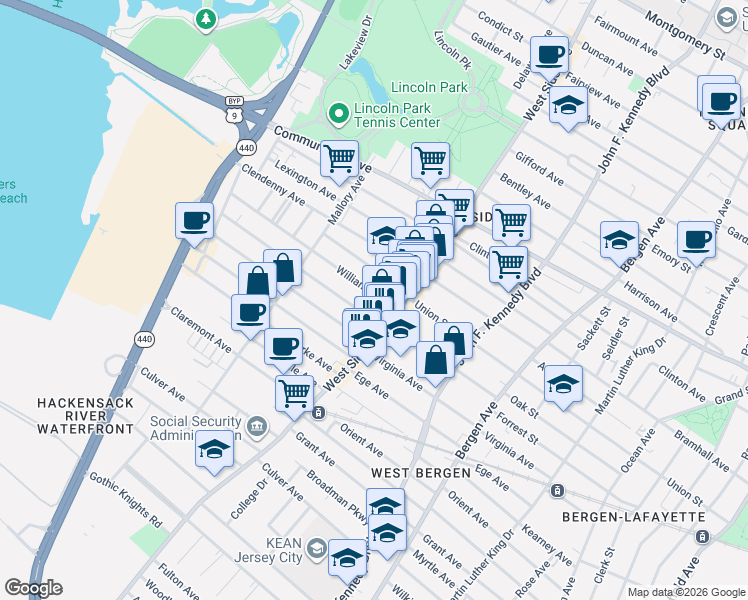 map of restaurants, bars, coffee shops, grocery stores, and more near 475 West Side Avenue in Jersey City