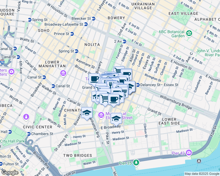 map of restaurants, bars, coffee shops, grocery stores, and more near 111 Eldridge Street in New York