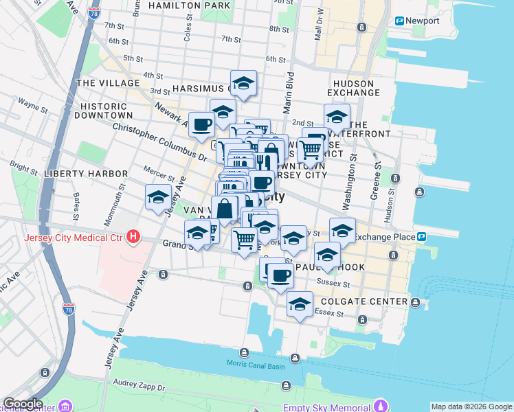 map of restaurants, bars, coffee shops, grocery stores, and more near 2 Mercer Street in Jersey City