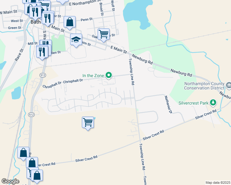 map of restaurants, bars, coffee shops, grocery stores, and more near 31 Spring Meadow Court in Bath