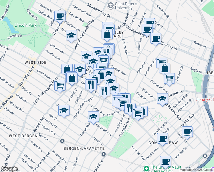 map of restaurants, bars, coffee shops, grocery stores, and more near 60 Crescent Avenue in Jersey City