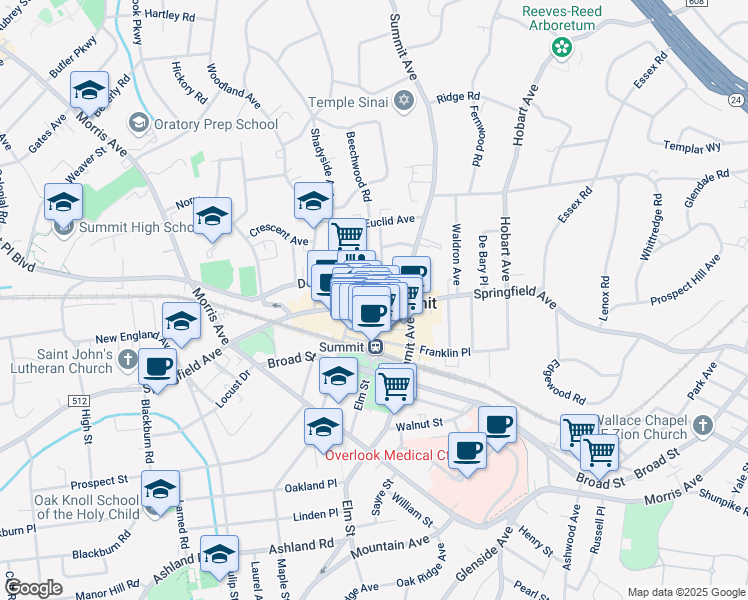 map of restaurants, bars, coffee shops, grocery stores, and more near 374-382 Springfield Avenue in Summit