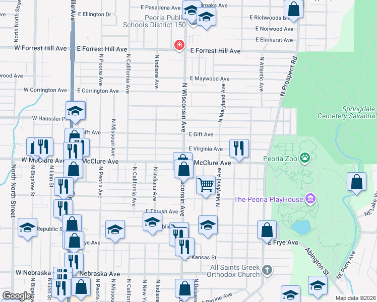 map of restaurants, bars, coffee shops, grocery stores, and more near 804 East Virginia Avenue in Peoria
