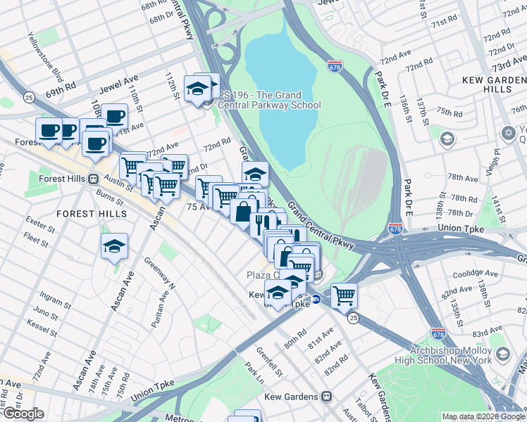 map of restaurants, bars, coffee shops, grocery stores, and more near 75-57 113th Street in Queens