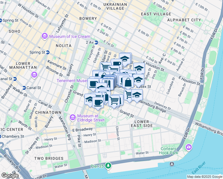 map of restaurants, bars, coffee shops, grocery stores, and more near 125 Delancey Street in New York