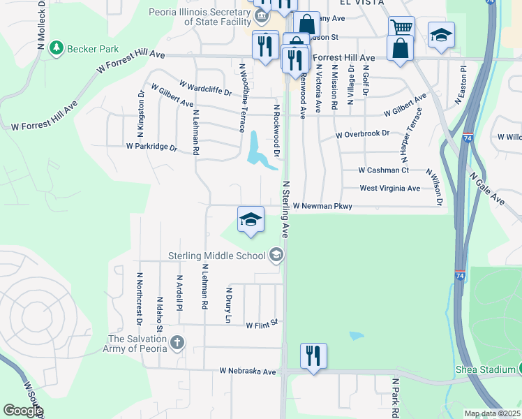 map of restaurants, bars, coffee shops, grocery stores, and more near 2522 West Newman Parkway in Peoria