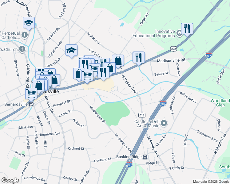 map of restaurants, bars, coffee shops, grocery stores, and more near 17 Fox Hollow Trail in Bernardsville