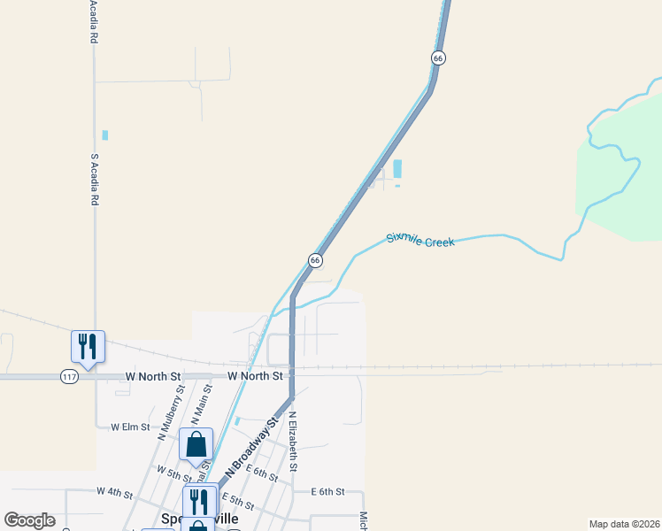 map of restaurants, bars, coffee shops, grocery stores, and more near 1375 S Street Marys Road in Spencerville