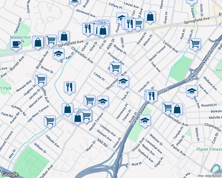 map of restaurants, bars, coffee shops, grocery stores, and more near 71 Glorieux Street in Irvington