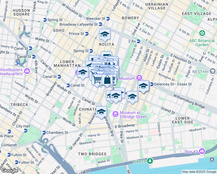 map of restaurants, bars, coffee shops, grocery stores, and more near 239 Grand Street in New York
