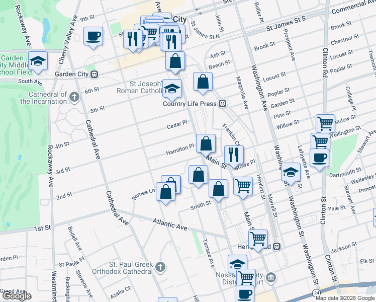 map of restaurants, bars, coffee shops, grocery stores, and more near 126 3rd Street in Garden City