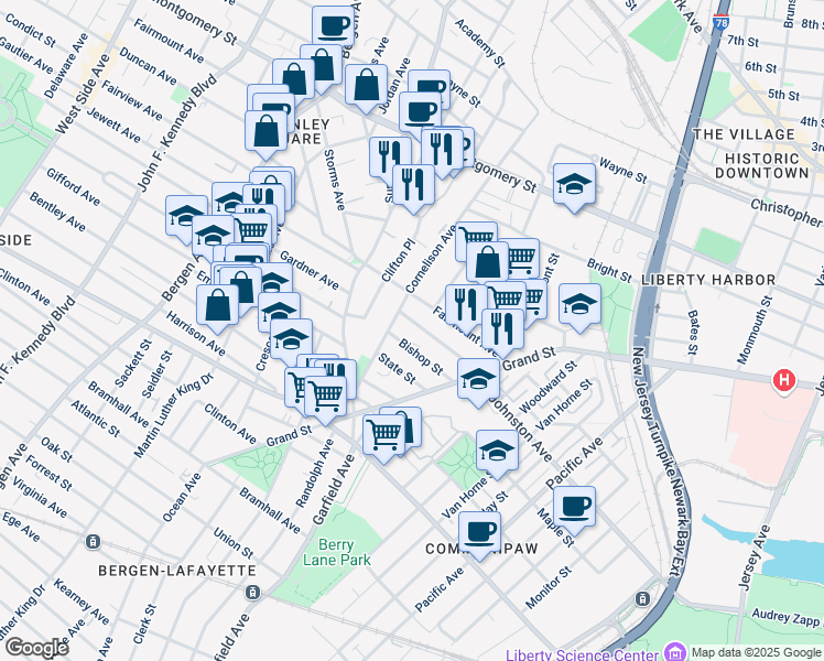 map of restaurants, bars, coffee shops, grocery stores, and more near 533 Johnston Avenue in Jersey City