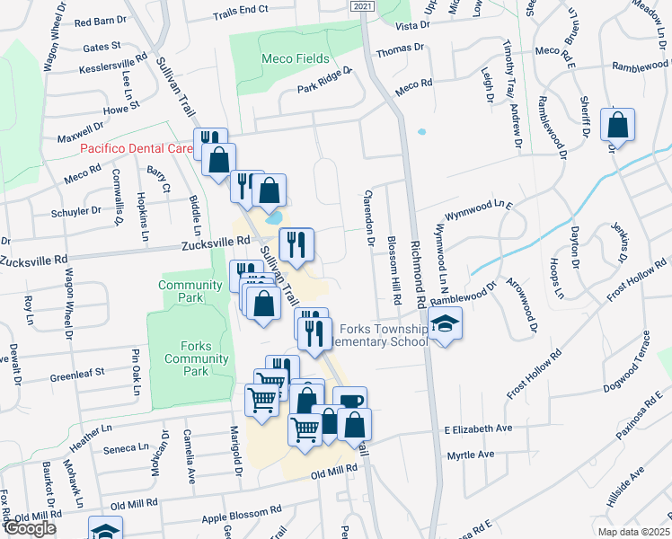 map of restaurants, bars, coffee shops, grocery stores, and more near 209 Huntington Lane in Easton
