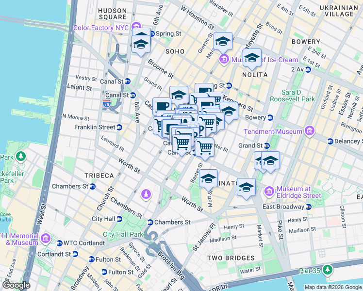 map of restaurants, bars, coffee shops, grocery stores, and more near 86 Walker Street in New York