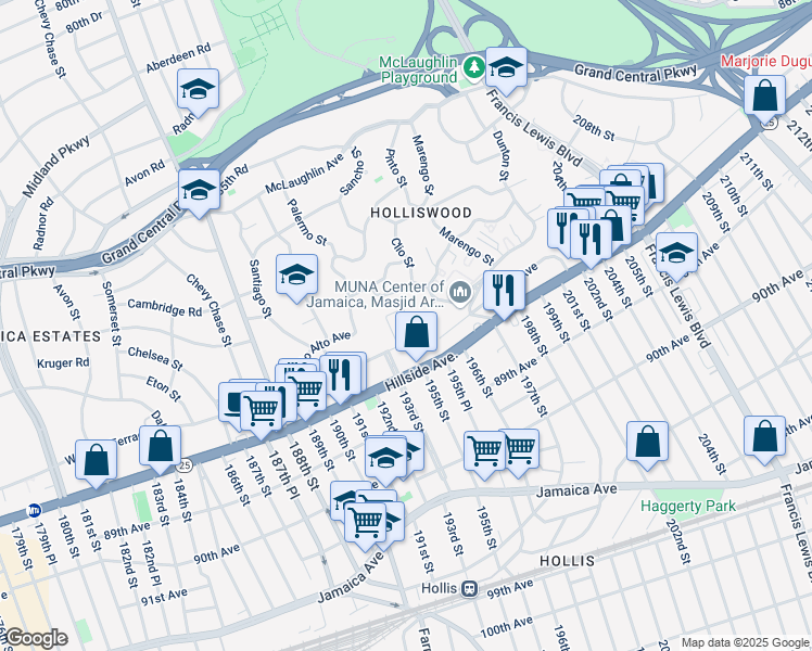 map of restaurants, bars, coffee shops, grocery stores, and more near 194-05 87th Road in Queens